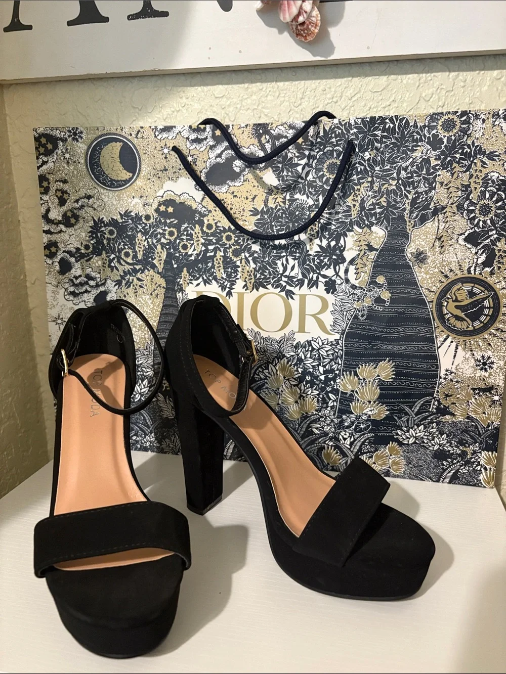 TOP Moda Black Suede Platform Block Heel Sandals with Ankle Strap